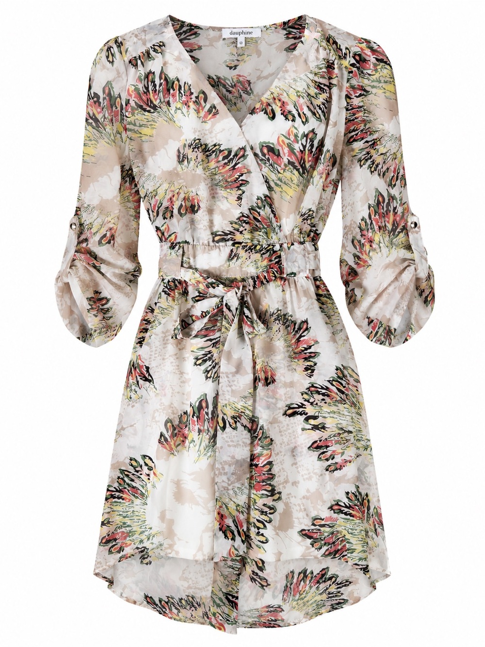 Daniel Rainn Beige Floral High-Low Wrap Dress with Pink and Green Accents
